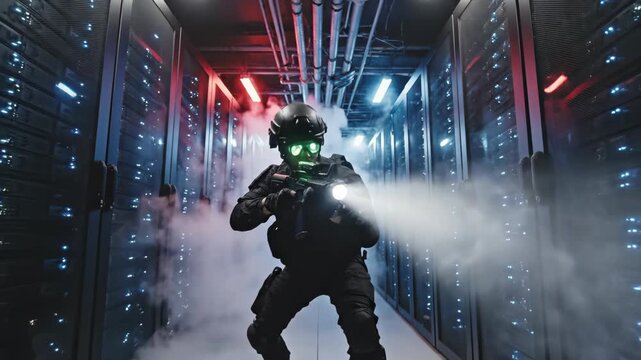 Man in tactical gear advances through smoky dark corridor with flashlight on rifle. Intense military operation in red-lit hallway. Cinematic tracking shot footage.
