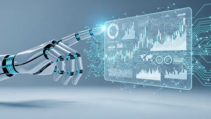 Robot is pointing at a screen with a lot of numbers and graphs
