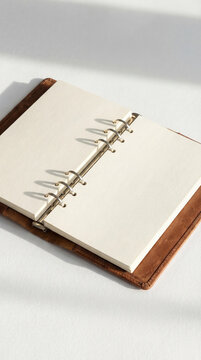 Agenda vintage de piel con anillas hecha a mano con papel blanco reciclado para tomar notas del d&iacute;a a d&iacute;a como agenda, diario, cuaderno de viajes, con iluminaci&oacute;n natural sobre un fondo blanco.