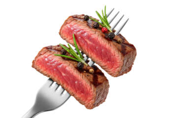 Close-up of two juicy, medium-rare grilled beef steak slices with a seared brown crust, pink interior, black and red peppercorns, and rosemary, skewered by a silver fork on a transparent studio