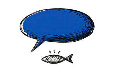 A sketched fish below a blue speech bubble. Black background. Simple, cartoonish design