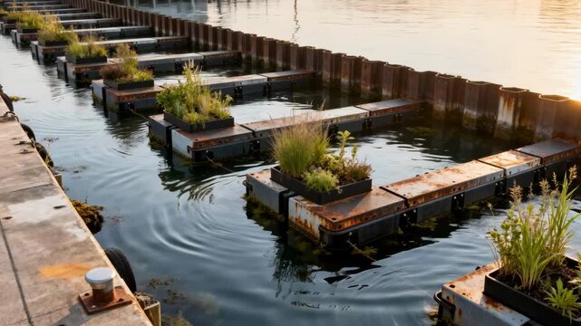 Medium shot of a floating breakwater system deployed near a harbor highlighting resilient design integrated with natural surroundings.