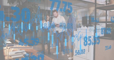 Analyzing team in business attire pointing at tablet in open office, printer, blue AR charts