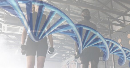 Holding hex dumbbells two gym participants wearing black athletic wear training at gym, DNA overlay