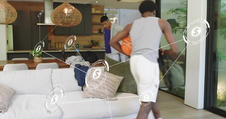 Walking man in gray tank holding orange ball toward home patio doors, finance overlay, copy space