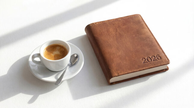 Agenda vintage de piel hecha a mano junto a un caf&eacute; espresso, para tomar notas del d&iacute;a a d&iacute;a como agenda, diario, cuaderno de viajes, con iluminaci&oacute;n natural sobre un fondo blanco junto