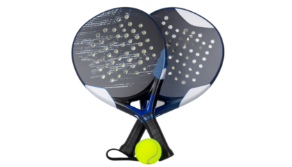 Two table tennis rackets with dark gray and white speckled surfaces and a yellow ball at the base studio shot on white and transparent