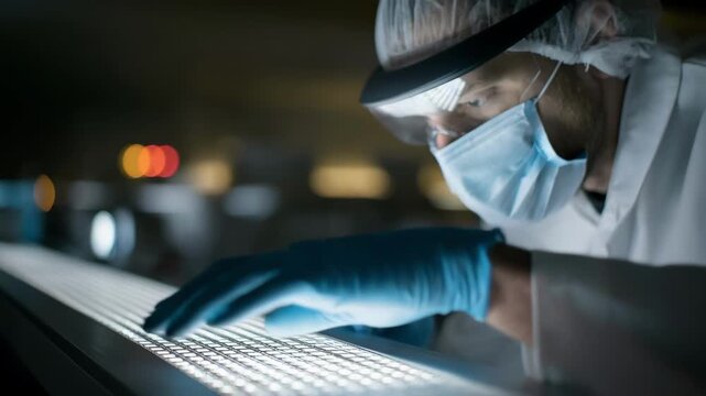 Medium shot of an engineer inspecting LED backlight modules to ensure consistent and accurate color rendering