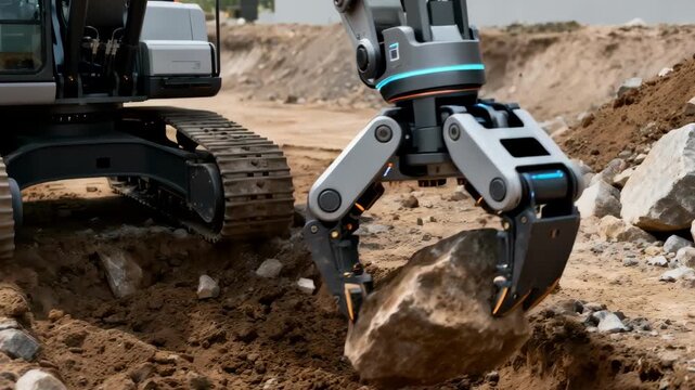 Medium shot capturing a smart loader using machine learning algorithms to adjust its grip on uneven terrain for efficient loading tasks