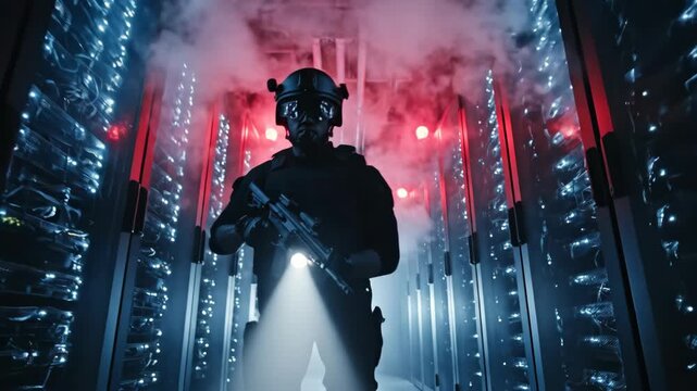 Special forces operative advancing through foggy server room with rifle and flashlight. Tactical infiltration in data center during mission. Cinematic tracking shot footage.