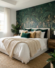 Modern bedroom interior with tropical palm leaf wallpaper, green velvet pillows and chunky knit blanket