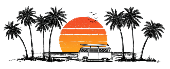 Black silhouette scene with a sunset, palm trees, birds, and a vehicle with a surfboard on top