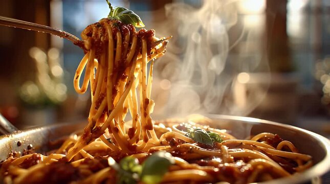 Delicious spaghetti with tomato sauce being twirled on a fork in a dark kitchen studio for Italian food cooking stock video footage