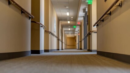 Medium shot of an accessible hallway in a multifamily home equipped with wide doorways smooth flooring and supportive handrails promoting ease of movement for all residents.