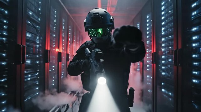Man in tactical gear advances through smoky dark corridor with flashlight on rifle. Intense military operation in red-lit hallway. Cinematic tracking shot footage.