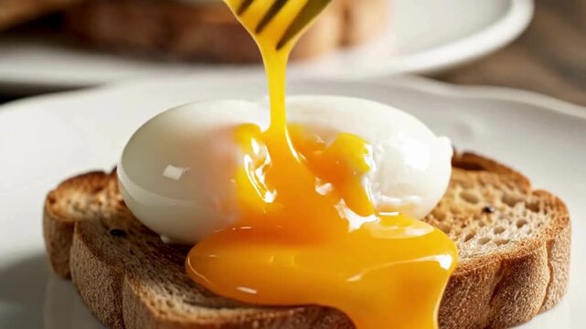 Close Up of Fork Breaking Poached Egg Yolk Over Whole Wheat Toast for Breakfast