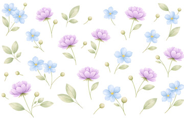 Obraz premium Watercolor floral elements pattern with soft blue and lilac flowers, green leaves, and buds on a white background, perfect for wedding design.