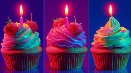 Birthday Cupcake Delight: A trio of vibrantly decorated cupcakes, each topped with a single candle and fresh raspberries, illuminated against a backdrop of rich, colorful gradients.