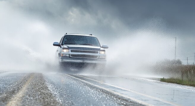 Truck Driving Through Flooded Road in Heavy Rainstorm.