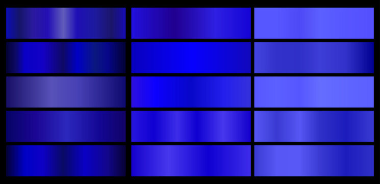 pack of blue metallic gradients. blue palette. Sample collection. Bright gradient set on black background. metallic texture