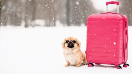 Dog sitting next to pink suitcase in snowy outdoor winter setting  