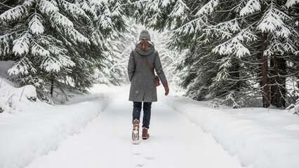 Woman walking on snowy path through pine forest in winter  