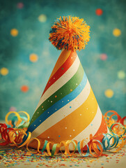 Celebration Hat and Party Streamers: A vibrantly colored party hat adorned with a playful pom-pom sits amidst a joyful flurry of colorful party streamers and confetti.