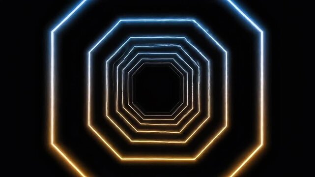 Neon octagonal tunnel with blue and orange gradient lines on a black background, creating a green screen effect.