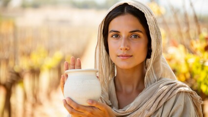Portrait of Mary Magdalene holding a precious oil vessel in a vineyard setting