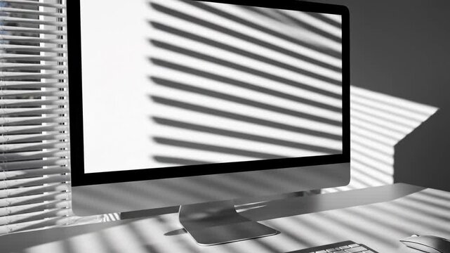 Eye level shot of sunlight filtering through window blinds onto computer desk. Shadow patterns evolving on monitor keyboard and mouse. Office workspace timelapse footage.