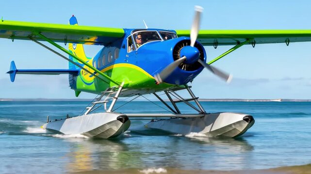 Medium shot of a colorful seaplane preparing for takeoff over calm coastal waters capturing the excitement of an adventurous air and sea combo trip.