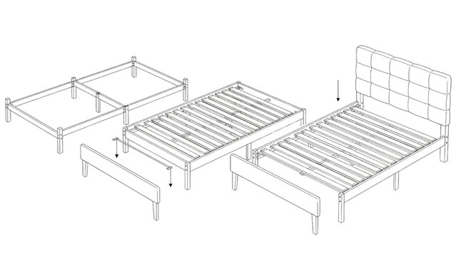 High-Quality Black Continuous Line Art of Bed Frame Assembly from Base to Headboard