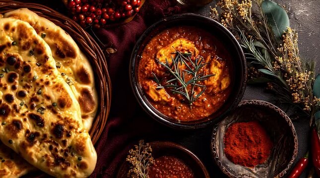 Delicious hot spicy red pepper stew with fresh rosemary and warm naan bread flatbread on rustic dark wooden table top view food photography