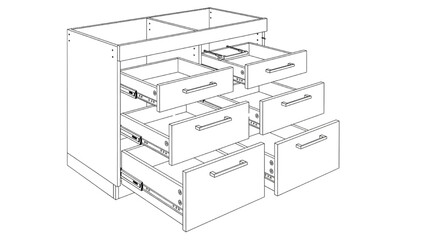 High-Quality Black Line Art of Cabinet Assembly Showing Drawers and Handles