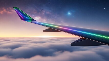 Vibrant Rainbow Wing of an Airplane Soaring Above Clouds at Sunset.