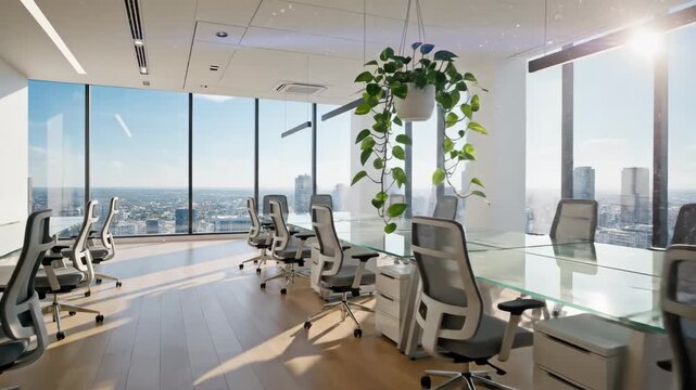 Wide establishing shot of modern open-plan office interior. Sunlit corporate workspace with large glass windows and city skyline view. Contemporary design featuring plants ergonomic chairs and wooden