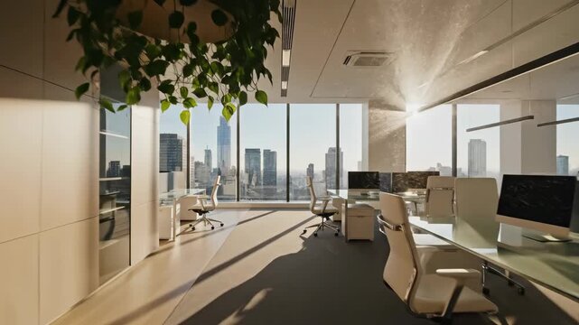 Wide establishing shot of sunlit modern office interior. Expansive workspace with large windows overlooking city skyline. Plants and desks in empty business environment footage.