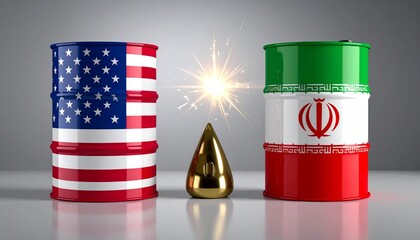 Two oil barrels side by side, painted with US and Iran flags, symbolizing geopolitical energy relations.