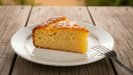 A slice of cassava cake (bolo de macaxeira) on a white plate, a dessert fork beside it, on a rustic countryside table.