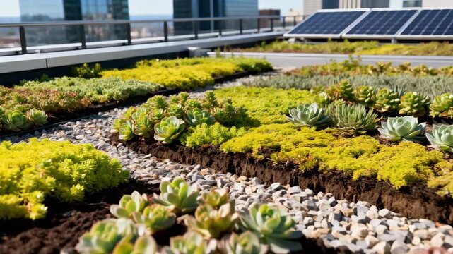 Medium shot of vibrant green roof gardens showcasing diverse sedum plants providing natural insulation on modern urban rooftops.