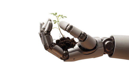 Robot Hand Holding Young Plant Sprout Isolated on Transparent Background
