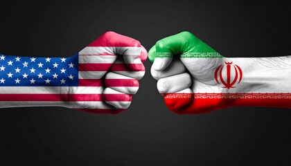 Two fists painted with US and Iran flags facing off, dark background, symbolic geopolitical conflict.