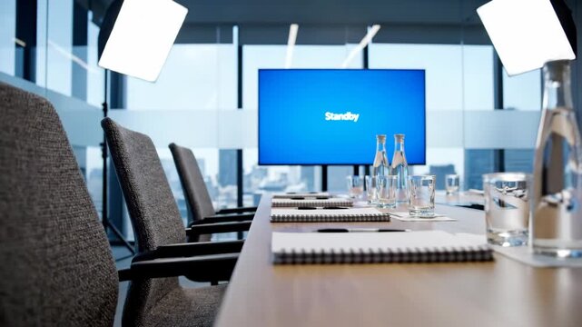 Empty modern conference room with meeting table chairs notebooks and water glasses. Business meeting preparation interior footage