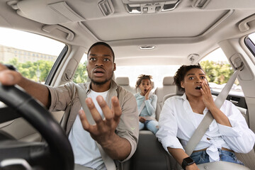 Car Accident. Shocked African American Family Driving Automobile Having Problem And Risk Of Auto...