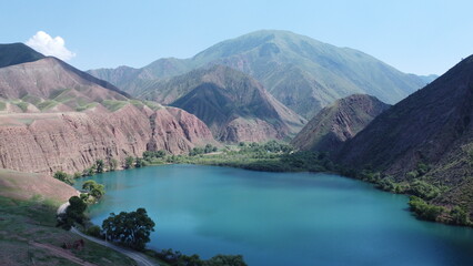 Aerial view of a turquoise mountain lake surrounded by rugged terrain. Clear water contrasting with rocky landscape, photographed from a drone.