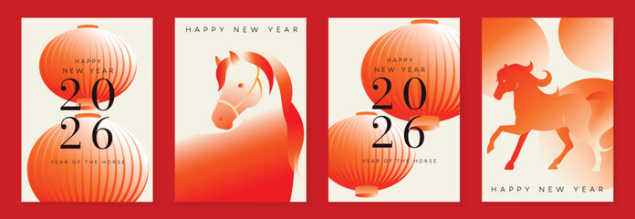 Happy Chinese New Year 2026 Year of the Horse greeting card vector set with gradient red lanterns and zodiac horse illustration. Modern festive design for posters and invitations. © TWINS DESIGN STUDIO