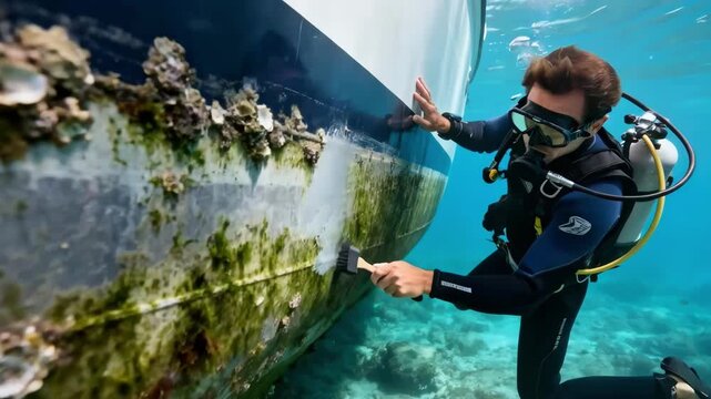 Medium shot of a diver cleaning a vessel hull underwater in clear saltwater removing algae and barnacles to enhance boat performance.