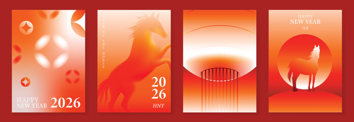 Happy Chinese New Year 2026 Year of the Horse greeting card vector set with gradient red lanterns and zodiac horse illustration. Modern festive design for posters and invitations.
