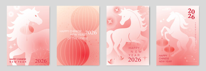 Fototapeta na wymiar Happy Chinese New Year 2026 Year of the Horse greeting card vector set with gradient red lanterns and zodiac horse illustration. Modern festive design for posters and invitations.