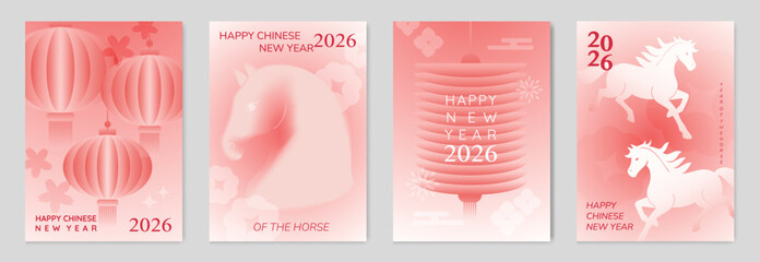 Happy Chinese New Year 2026 Year of the Horse greeting card vector set with gradient red lanterns and zodiac horse illustration. Modern festive design for posters and invitations. © TWINS DESIGN STUDIO
